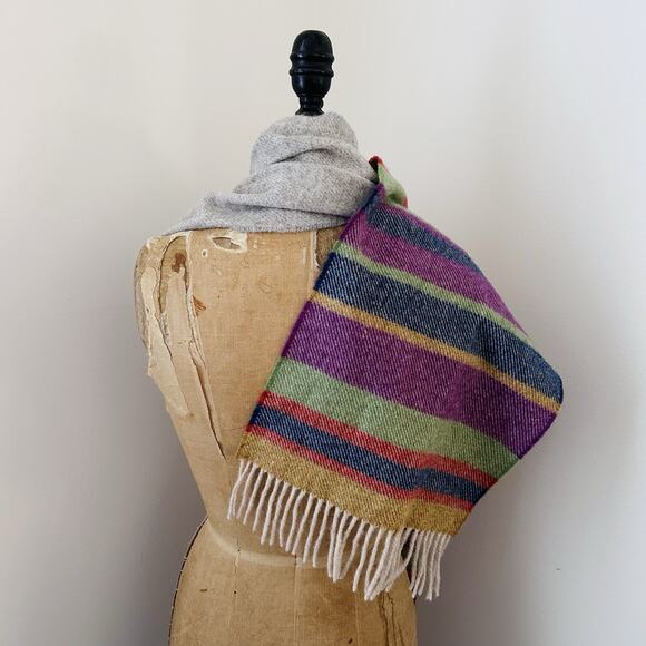 Vintage LL Bean John Hanley Scarf 100% Lambswool Stripes Gray Fringe Ireland - Picture 3 of 10